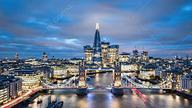 Aerial Drone Hyperlapse of Tower Bridge & London City Skyline, River Thames View