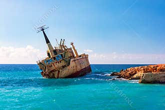 Abandoned Edro III Shipwreck at seashore of Peyia, near Paphos, Cyprus. Historic Edro III Shipwreck site on the shore of the water