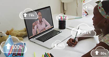 Animation of caucasian woman using laptop over beaker with at icons