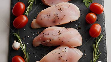 Fresh chicken breasts seasoned with black pepper and surrounded by cherry tomatoes and herbs on a slate board. Ideal for