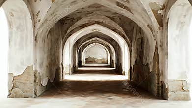 Long Repeating Arched Corridor with Dim Light and Ancient Stone Vaults