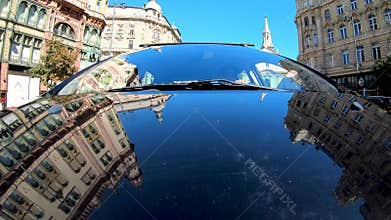 The reverse perspective of driving in downtown Budapest-Hungary