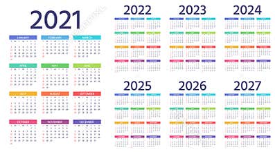 Calendar 2021 2022 2023 2024 2025 2026 2027 years. Vector illustration. Simple template