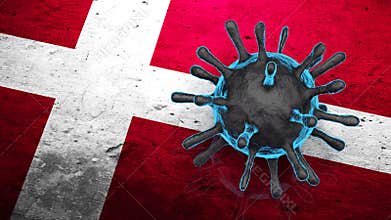 3D model of blue Coronavirus on a Danmark flag background