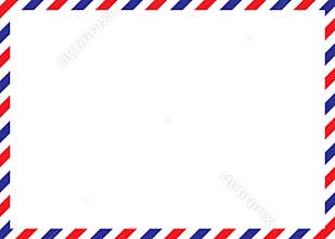 Airmail envelope frame. International vintage letter border. Retro air mail postcard with blue and red stripes. Blank