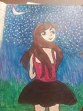 Girl star moon black red and black dress greenry blue background brown hair white colour black eyes