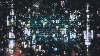 Artificial intelligence concept background as moving in the searching flow of people portraits linked by dark blue data