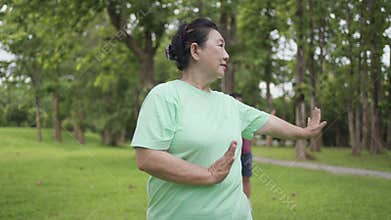 Asian middle age female practicing tai chi Chinese martial arts exercise at the green park with partner on Background