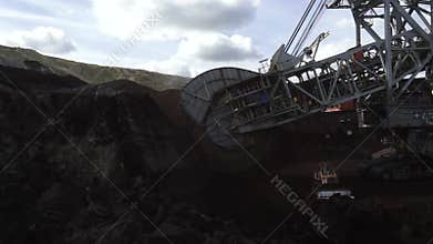 Heavy mining machine that extracts coal bucket wheel excavator aerial Drone  HD