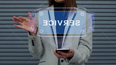 Business woman interacts HUD hologram Service