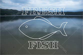 Illustration of fresh fish logo on a background photo of the sea