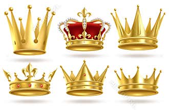 Realistic golden crowns. King, prince and queen gold crown and diadem royal heraldic decoration. Monarch 3d isolated