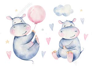 Hand drawn cute isolated tropical summer watercolor hippo animals. hippopotamus baby and mother cartoon animal