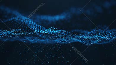Abstract motion background of shining particles, digital wave, sparkling blue particles. Beautiful blue floating