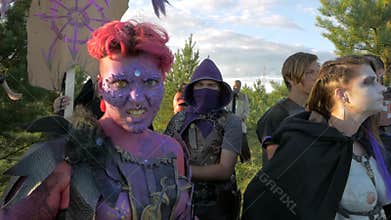 Moscow Area, RUSSIA - August 22, 2018: Cosplayers showing Warhammer armored warrior character costume for role-playing