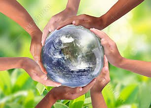 Conceptual symbol of multiracial human hands surrounding the Earth globe. Unity, world peace, humanity concept
