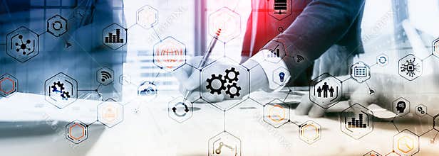 Gears icons engineering manufacturing automation innovation structure abstract concept.