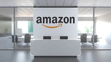AMAZON logo above reception desk in the modern office, editorial conceptual 3D animation