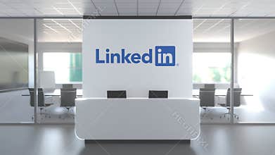 LINKEDIN logo above reception desk in the modern office, editorial conceptual 3D animation