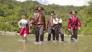 Badass Pirates Walking With Attitude On A Shallow River