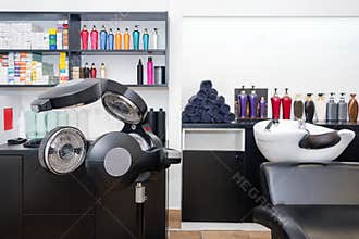 Hairdresser`s workplace. Modern beauty salon interior. Hair salon interior business. Work places for masters.