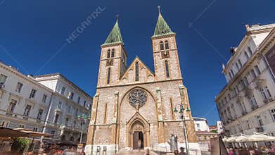 Catholic Cathedral known also as Sacred Heart Cathedral timelapse hyperlapse, in Sarajevo, Bosnia and Herzegovina.