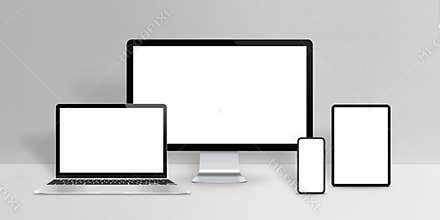 Responsive design devices mockup. Laptop, computer display, phone and tablet with isolated screen