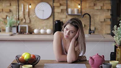 Sad worried young woman attractive face having psychological problem