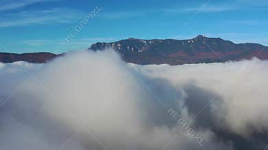 Mist fly, Drone flying in mist over mountain lake