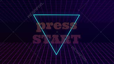 VHS retro animation with appearing neon triangle and text press start. Text press start makes blinking. The grid moves