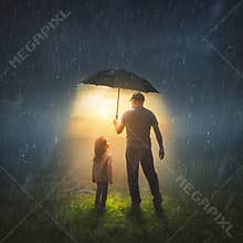 Father and Daughter in the Rain