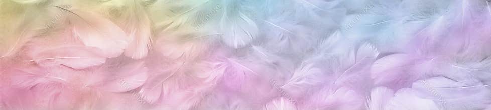 Multicoloured pastel coloured angel feather message banner background
