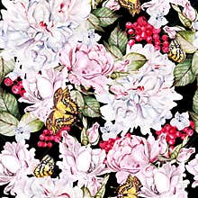 Beautiful  watercolor seamless pattern with roses and peony, red currant, butterfly.