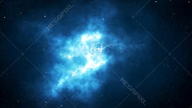Blue glowing plasma lightning deep space galaxy universe concept with particles flare star dust abstract background.