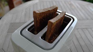 Toast bread pops up from toaster. Ready for breakfast.