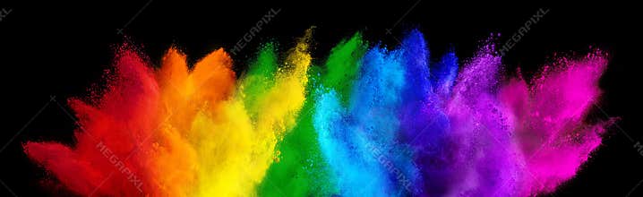 Colorful rainbow holi paint color powder explosion isolated dark black wide panorama background. peace rgb beautiful party concept