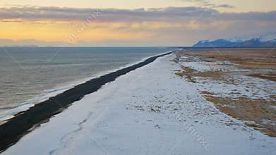 Aerial view of Reynisfjara Black Sand Beach at sunset, Iceland