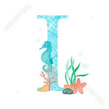 English alphabet Letter I Monogram with watercolor marine design - seahorse seaweed coral starfish. Isolated on white