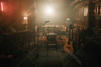 Empty stage of a small unplugged live music concert