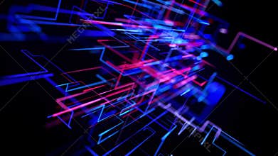 Motion graphics, sci-fi bg with flow of blue red neon glow lines form digital 3d space. Connection concept
