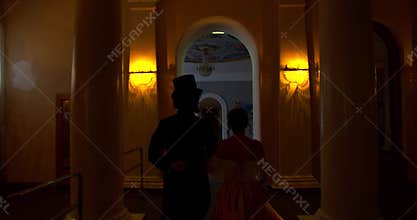 Gorgeous 18th century palace in the background of a couple walking, 4k