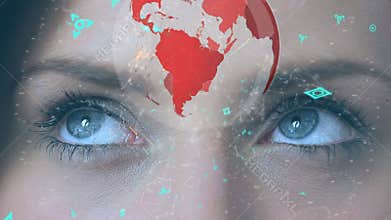 Pair of eyes and a globe with asymmetrical lines and futuristic symbols