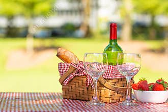 Picnic. bottle of wine with glasses. strawberry.romance.banner