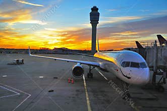 Airplane at sunrise