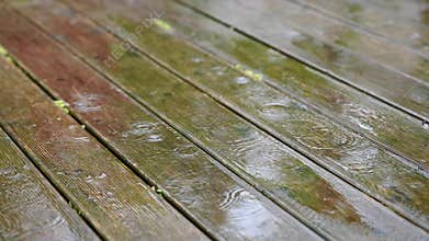 Raindrops falling on wooden surface