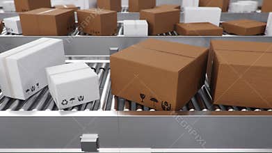 Packages delivery, packaging service and parcels transportation system concept, cardboard boxes on a conveyor belt in a