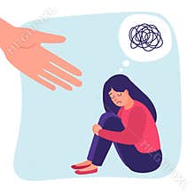 Human hand helps. Sad lonely woman in depression. Anxiety disorder. Insane messy line. Vector help concept