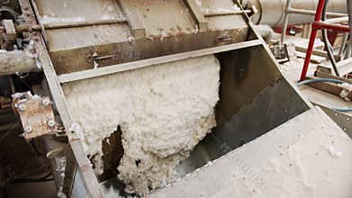 Clean cotton flowing inside a machine in a large industrial cotton gin