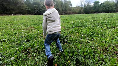 Young boy blowing on dandelion
