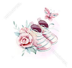 Baby shower kid watercolor girl boots design butterfly cartoon elements. Set of baby pink dress and baby`s bootees